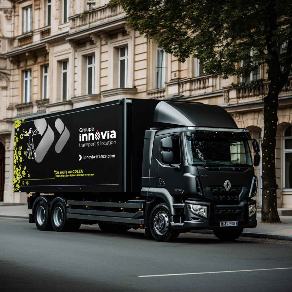 Camion semi-remorque noir de 12 tonnes d'Innovia circulant dans une zone urbaine avec des façades d'immeubles élégants.