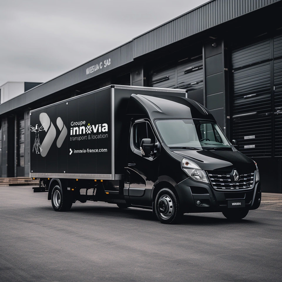 "Renault Master d'Innovia de 20 mètres cubes avec un grand espace de chargement, stationné devant un bâtiment industriel.