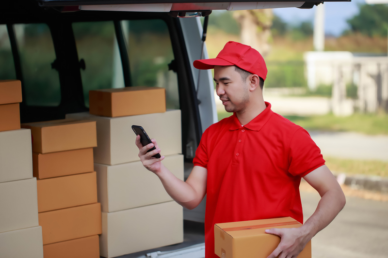 Un livreur en chemise rouge et casquette sourit en regardant son smartphone à côté d'une camionnette de livraison avec des colis en arrière-plan.