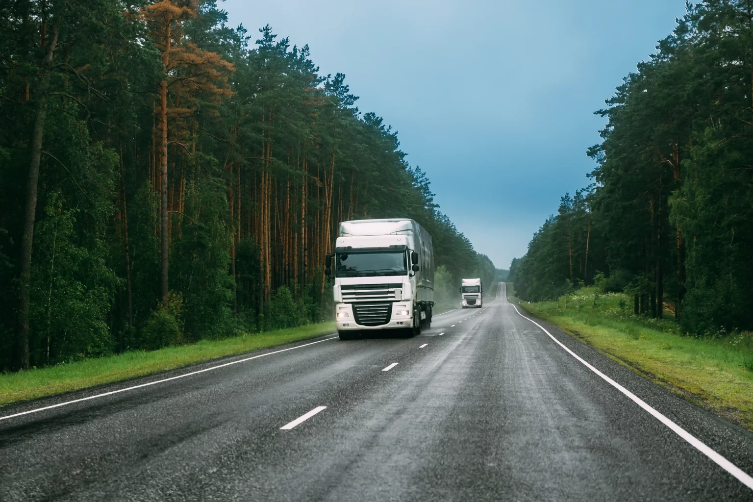 Camion blanc d'Innovia circulant sur une route bordée de forêt, représentant le transport responsable et l'engagement pour la réduction de l'empreinte carbone