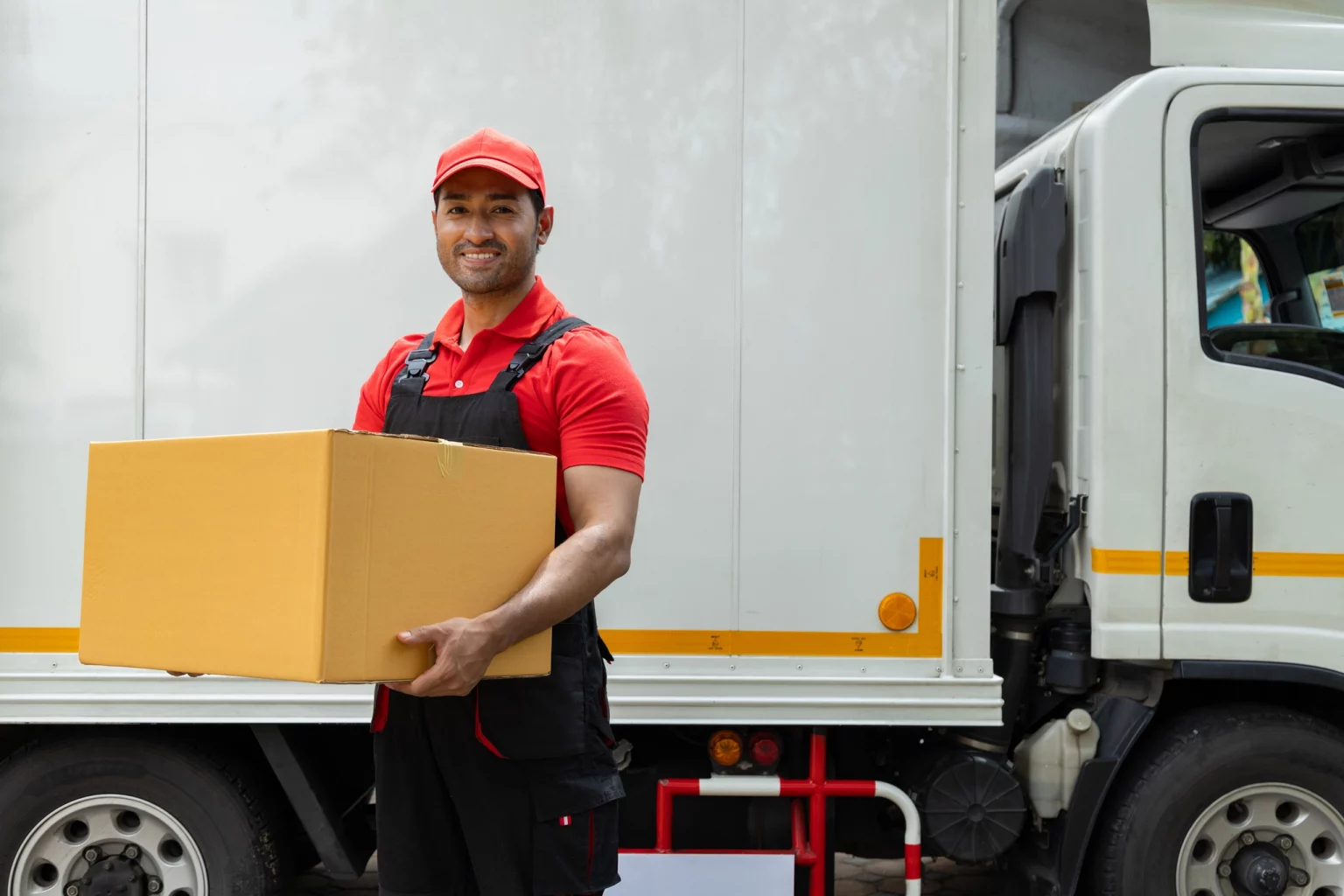 Livreur souriant d'Innovia en tenue de travail rouge et noire, livrant un colis, illustrant le service clientèle convivial et professionnel de l'entreprise de transport.