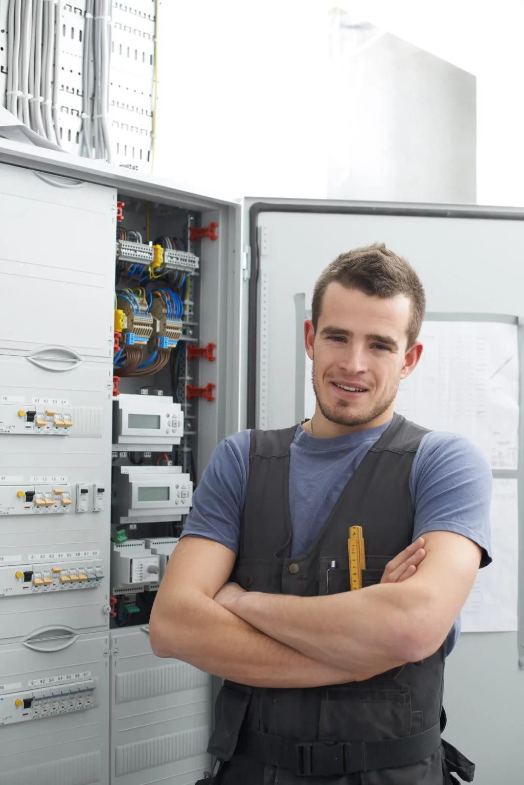Technicien électricien souriant devant un tableau électrique, indiquant un service client professionnel pour l'installation et la maintenance électrique.