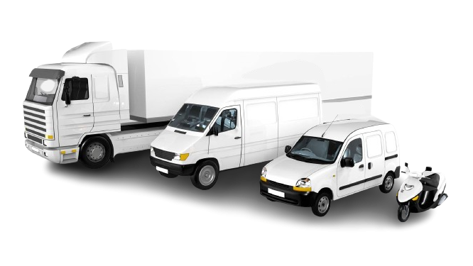 Une illustration de différents types de véhicules de livraison, allant d'une moto à un camion de taille standard, tous de couleur blanche sur fond isolé. Représente la diversité des options de transport.