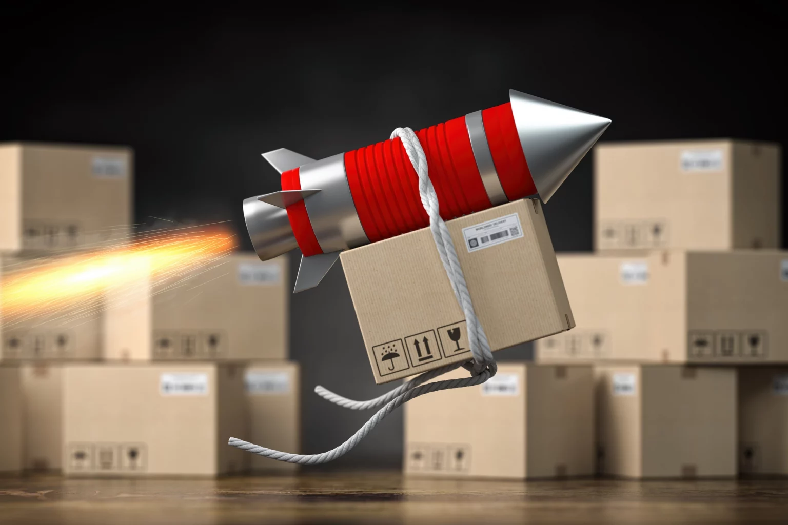 Concept de livraison rapide avec une maquette de fusée attachée à un colis en carton, illustrant une expédition express et une efficacité logistique exceptionnelle.